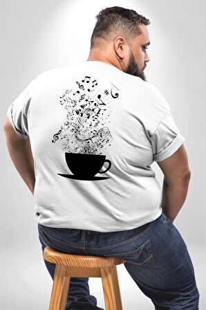 Kahve Müzik Nota Büyük Beden Beyaz Tişört Kadın Erkek Ünisex Sırt Baskılı
