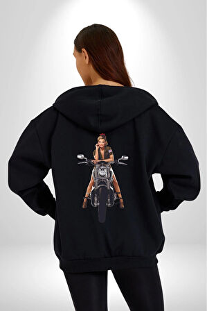 Motosiklet kadın Kadın Erkek Siyah Kapüşonlu Fermuarlı Baskılı Hırka Sweatshirt