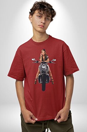 Motosiklet kadın Pamuklu Bisiklet Yaka Kadın Erkek Oversize Boyfriend Dijital Baskılı Kırmızı T-shirt