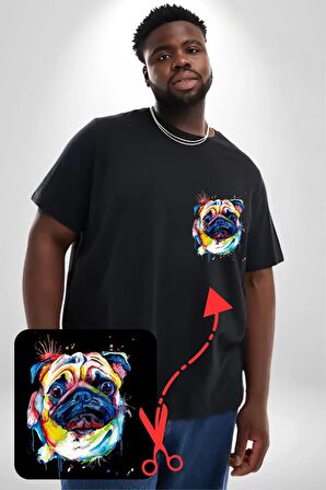 Sulu Boya Pug Köpek Siyah Büyük Beden Kadın Basic Minimal Baskılı Tişört