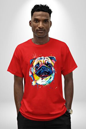 Sulu Boya Pug Köpek Pamuklu Bisiklet Yaka Kadın Erkek Oversize Boyfriend Dijital Baskılı Kırmızı T-shirt