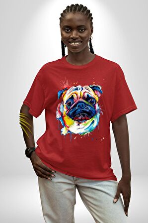 Sulu Boya Pug Köpek Pamuklu Bisiklet Yaka Kadın Erkek Oversize Boyfriend Dijital Baskılı Kırmızı T-shirt