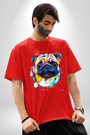 Sulu Boya Pug Köpek Pamuklu Bisiklet Yaka Kadın Erkek Oversize Boyfriend Dijital Baskılı Kırmızı T-shirt