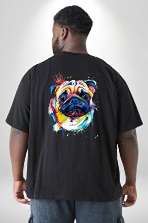 Sulu Boya Pug Köpek Büyük Beden Siyah Tişört Kadın Erkek Ünisex Sırt Baskılı