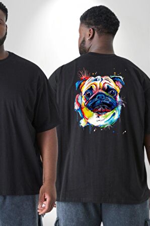 Sulu Boya Pug Köpek Büyük Beden Siyah Tişört Kadın Erkek Ünisex Sırt Baskılı