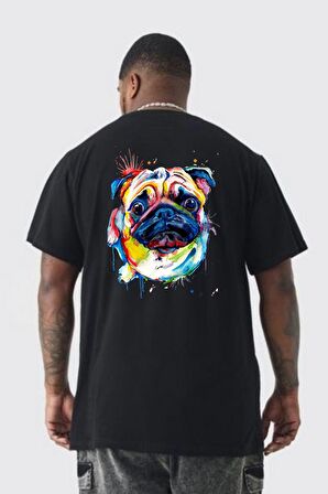 Sulu Boya Pug Köpek Büyük Beden Siyah Tişört Kadın Erkek Ünisex Sırt Baskılı