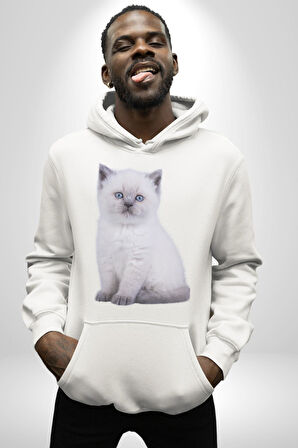 Beyaz Yavru Kedi Kadın Erkek  Beyaz Kapüşonlu Sweatshirt Hoodie