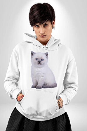 Beyaz Yavru Kedi Kadın Erkek  Beyaz Kapüşonlu Sweatshirt Hoodie