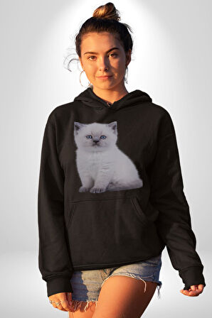 Beyaz Yavru Kedi Kadın Erkek  Siyah Kapüşonlu Sweatshirt Hoodie