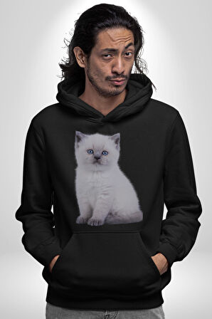 Beyaz Yavru Kedi Kadın Erkek  Siyah Kapüşonlu Sweatshirt Hoodie