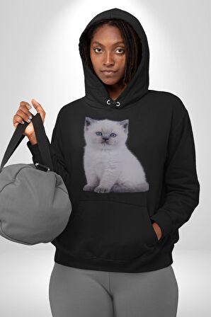 Beyaz Yavru Kedi Kadın Erkek  Siyah Kapüşonlu Sweatshirt Hoodie