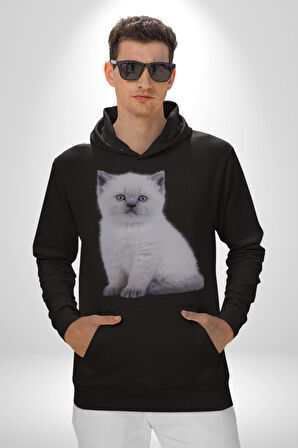 Beyaz Yavru Kedi Kadın Erkek  Siyah Kapüşonlu Sweatshirt Hoodie
