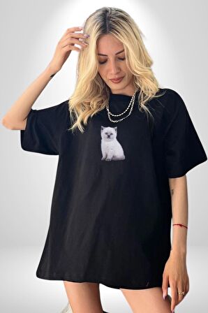 Beyaz Yavru Kedi Siyah Oversize Kadın Erkek Ön Orta Minimal Baskılı Tişört
