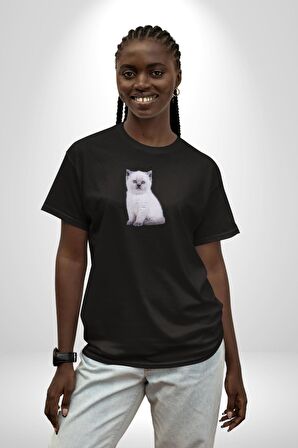 Beyaz Yavru Kedi Siyah Oversize Kadın Erkek Ön Orta Minimal Baskılı Tişört