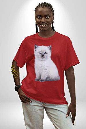 Beyaz Yavru Kedi Pamuklu Bisiklet Yaka Kadın Erkek Oversize Boyfriend Dijital Baskılı Kırmızı T-shirt