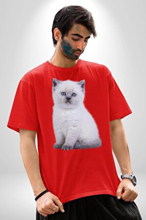 Beyaz Yavru Kedi Pamuklu Bisiklet Yaka Kadın Erkek Oversize Boyfriend Dijital Baskılı Kırmızı T-shirt