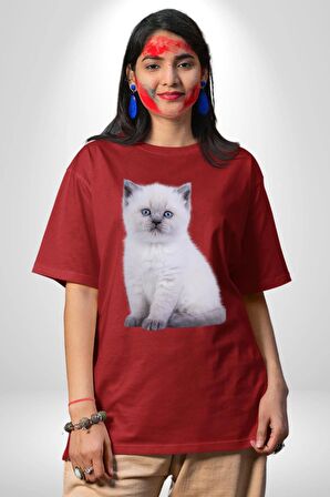 Beyaz Yavru Kedi Pamuklu Bisiklet Yaka Kadın Erkek Oversize Boyfriend Dijital Baskılı Kırmızı T-shirt