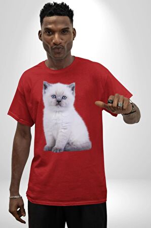 Beyaz Yavru Kedi Pamuklu Bisiklet Yaka Kadın Erkek Oversize Boyfriend Dijital Baskılı Kırmızı T-shirt