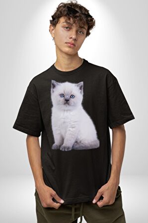 Beyaz Yavru Kedi Pamuklu Bisiklet Yaka Kadın Erkek Oversize Boyfriend Dijital Baskılı Siyah T-shirt