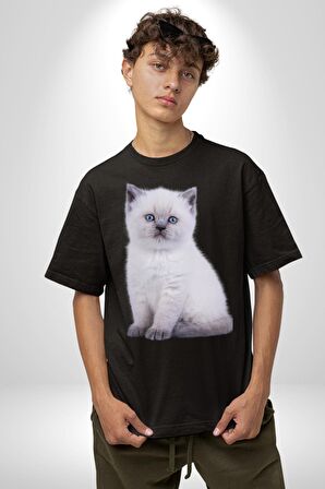 Beyaz Yavru Kedi Pamuklu Bisiklet Yaka Kadın Erkek Oversize Boyfriend Dijital Baskılı Siyah T-shirt