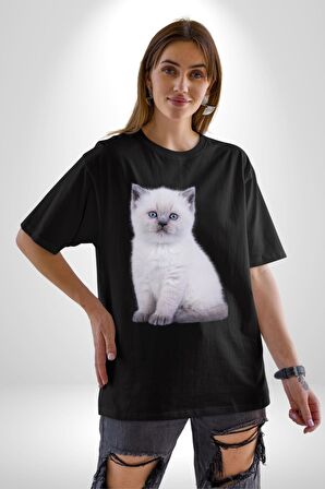 Beyaz Yavru Kedi Pamuklu Bisiklet Yaka Kadın Erkek Oversize Boyfriend Dijital Baskılı Siyah T-shirt