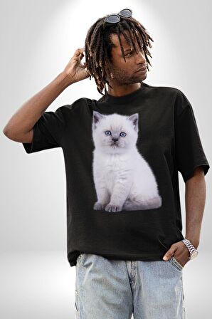 Beyaz Yavru Kedi Pamuklu Bisiklet Yaka Kadın Erkek Oversize Boyfriend Dijital Baskılı Siyah T-shirt