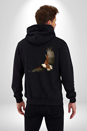 Kartal Özgürlük Kadın Erkek Siyah Kapüşonlu Fermuarlı Baskılı Hırka Sweatshirt