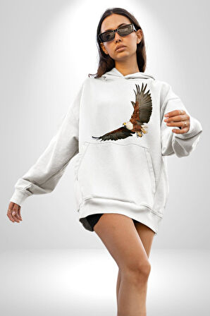 Kartal Özgürlük Kadın Erkek  Beyaz Kapüşonlu Sweatshirt Hoodie
