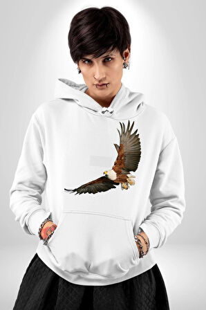 Kartal Özgürlük Kadın Erkek  Beyaz Kapüşonlu Sweatshirt Hoodie