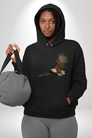 Kartal Özgürlük Kadın Erkek  Siyah Kapüşonlu Sweatshirt Hoodie