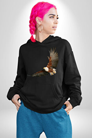 Kartal Özgürlük Kadın Erkek  Siyah Kapüşonlu Sweatshirt Hoodie