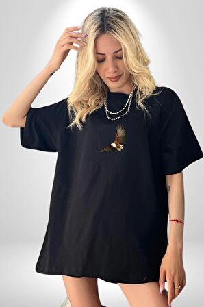 Kartal Özgürlük Siyah Oversize Kadın Erkek Ön Orta Minimal Baskılı Tişört