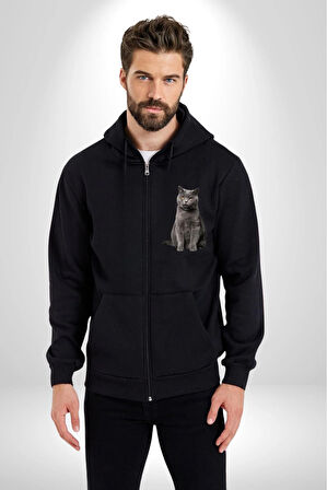 British Shorthair Kedi  Kadın Erkek Siyah Kapüşonlu Fermuarlı Baskılı Hırka Sweatshirt
