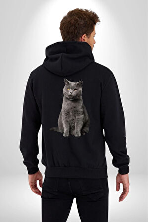 British Shorthair Kedi  Kadın Erkek Siyah Kapüşonlu Fermuarlı Baskılı Hırka Sweatshirt