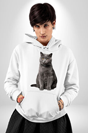 British Shorthair Kedi  Kadın Erkek  Beyaz Kapüşonlu Sweatshirt Hoodie