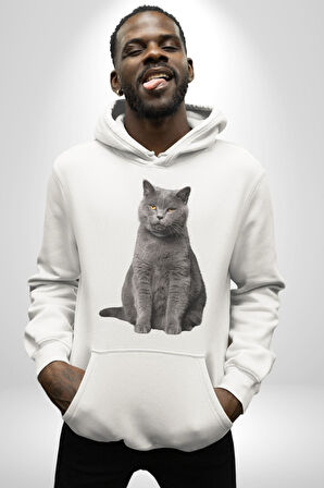 British Shorthair Kedi  Kadın Erkek  Beyaz Kapüşonlu Sweatshirt Hoodie