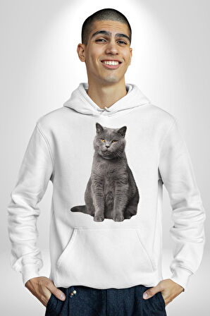 British Shorthair Kedi  Kadın Erkek  Beyaz Kapüşonlu Sweatshirt Hoodie