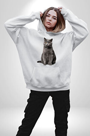 British Shorthair Kedi  Kadın Erkek  Beyaz Kapüşonlu Sweatshirt Hoodie