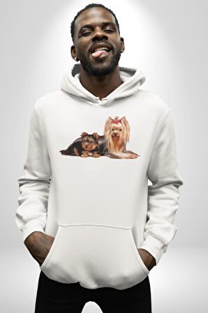 Yorkshire Teacup ve Anne Köpek Kadın Erkek  Beyaz Kapüşonlu Sweatshirt Hoodie