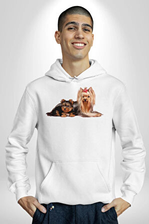 Yorkshire Teacup ve Anne Köpek Kadın Erkek  Beyaz Kapüşonlu Sweatshirt Hoodie