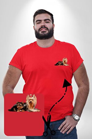 Yorkshire Teacup ve Anne Köpek Kırmızı Büyük Beden Kadın Basic Minimal Baskılı Tişört