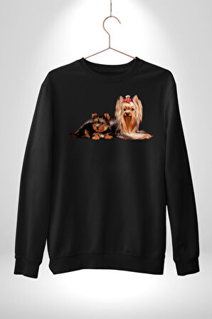 Yorkshire Teacup ve Anne Köpek Kadın Erkek Siyah Sweatshirt 