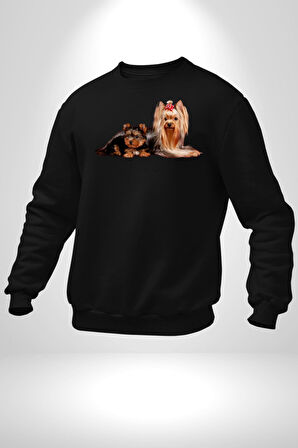 Yorkshire Teacup ve Anne Köpek Kadın Erkek Siyah Sweatshirt 