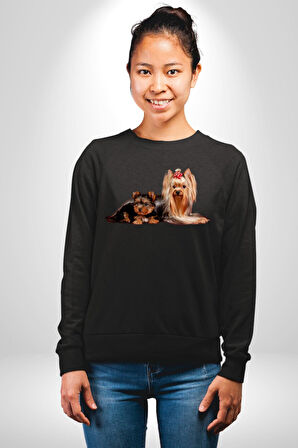 Yorkshire Teacup ve Anne Köpek Kadın Erkek Siyah Sweatshirt 