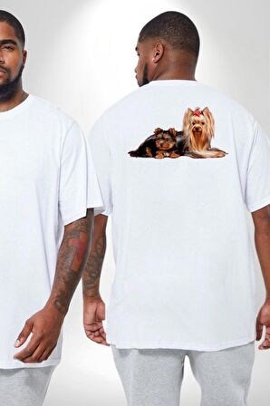 Yorkshire Teacup ve Anne Köpek Büyük Beden Beyaz Tişört Kadın Erkek Ünisex Sırt Baskılı