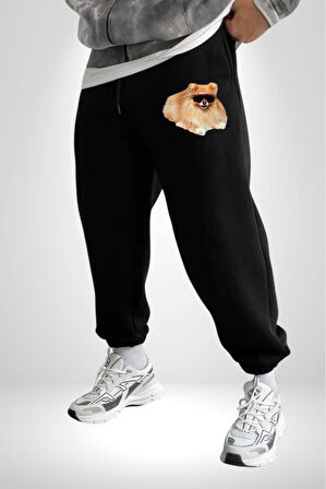 Pomernian Köpek 3 İplik Erkek Baskılı Siyah Eşofman Altı