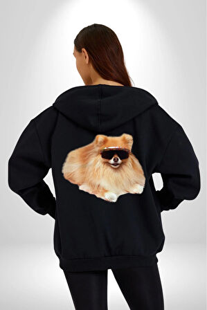 Pomernian Köpek Kadın Erkek Siyah Kapüşonlu Fermuarlı Baskılı Hırka Sweatshirt