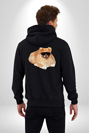 Pomernian Köpek Kadın Erkek Siyah Kapüşonlu Fermuarlı Baskılı Hırka Sweatshirt