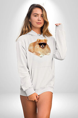 Pomernian Köpek Kadın Erkek  Beyaz Kapüşonlu Sweatshirt Hoodie