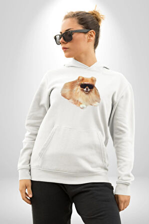 Pomernian Köpek Kadın Erkek  Beyaz Kapüşonlu Sweatshirt Hoodie